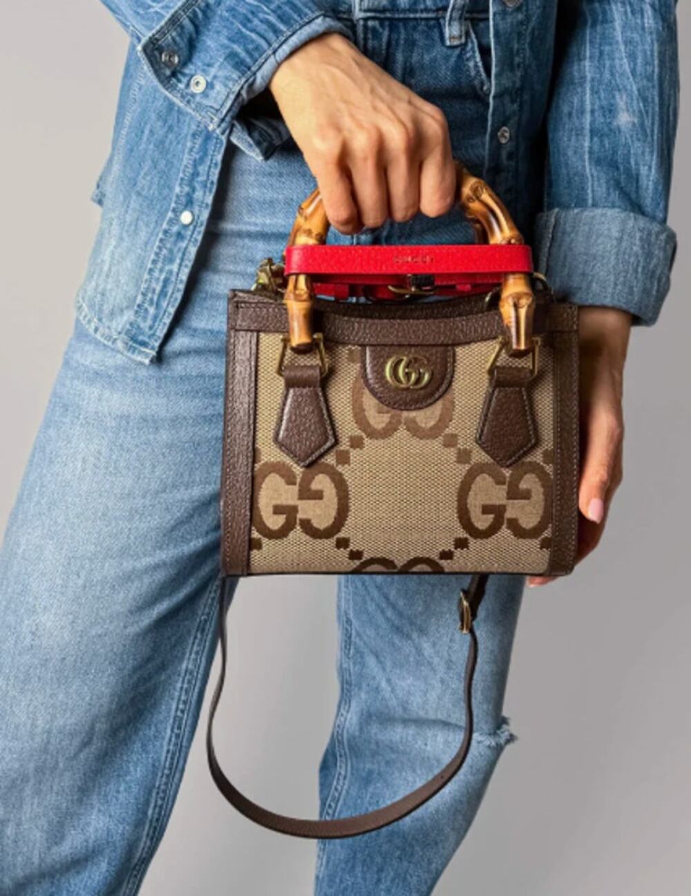 Gucci Diana Mini Jumbo GG Canvas 2-Ways Tote Handbag Brown Crossbody Bag